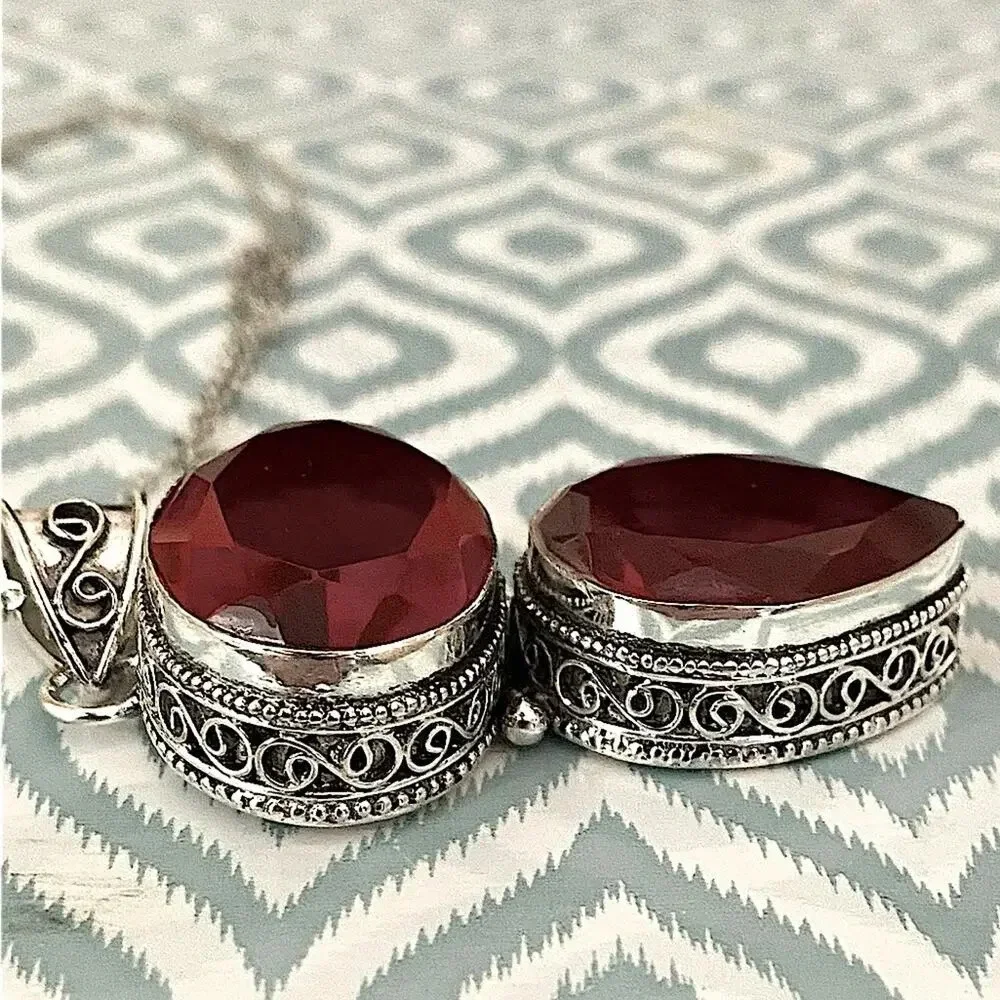 Antique Ruby Pendant Necklace, Sterling Silver, Double Gemstone, Statement